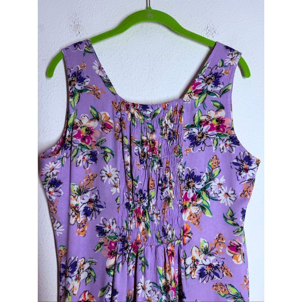 Koret Floral Midi Dress Purple Rayon Sleeveless Button Front Smocked Back Medium - Picture 6 of 13